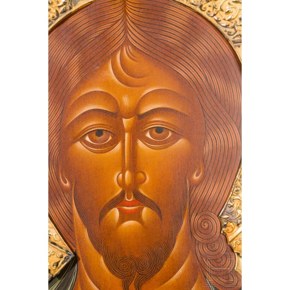 Ikone mit dem Mandylion mit Silberbasma, Russland, Moskau, Andrej Postnikow, 1877 (Basma)/neuzeitlich (Ikone)