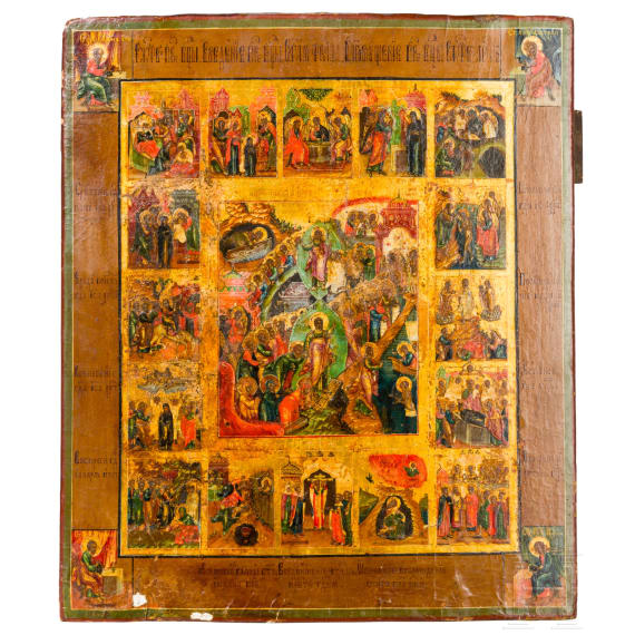 Festtagsikone mit 16 Hochfesten und den vier Evangelisten, Russland, 19. Jhdt.