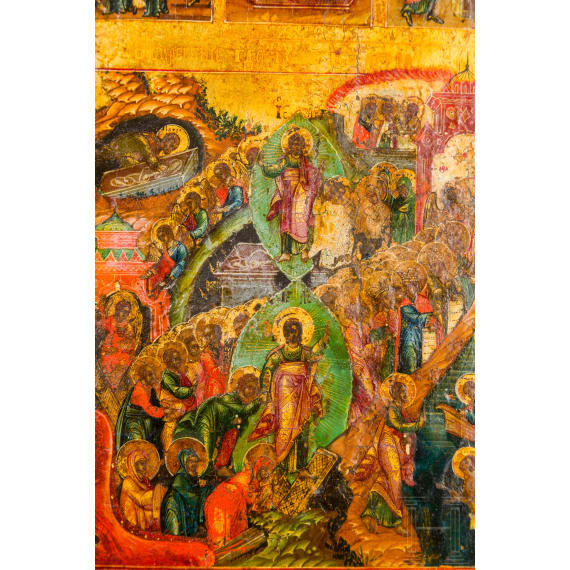 Festtagsikone mit 16 Hochfesten und den vier Evangelisten, Russland, 19. Jhdt.