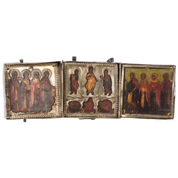 Reisetriptychon mit Silbermontierung mit der Verkl&auml;rung Christi, Russland, Twer, 1831