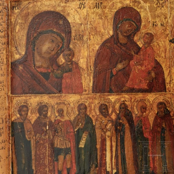 Gro&szlig;formatige Ikone mit den Heiligen "Welchen von Gott die Gabe zu Heilen gegeben ist", Russland, 1. H&auml;lfte 19. Jhdt.