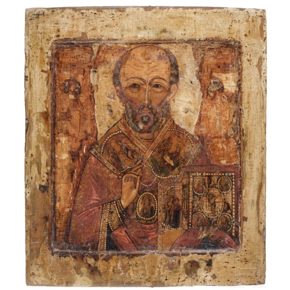 Ikone mit au&szlig;ergew&ouml;hnlicher Darstellung des Heiligen Nikolaus von Myra, Russland, um 1700