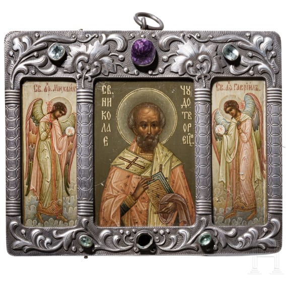 Bedeutende Ikone mit dem Heilgen Nikolaus von Myra mit Silberoklad, Russland, Moskau, Kuzma Konow, 1908 - 1917