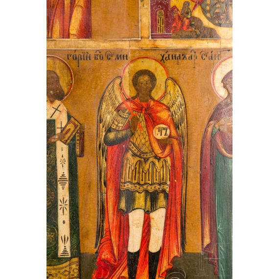 Gro&szlig;formatige Dreifelder-Ikone mit dem Erzengel Michael und dem Heiligen Christophorus, Russland, 19. Jhdt.