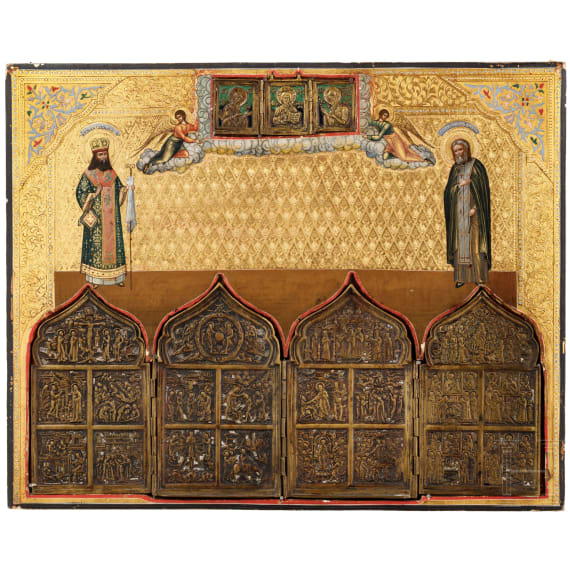 Gro&szlig;formatige Ikone mit den Heiligen Feodosij von Uglitsch und Seraphim von Sarow, Russland, nach 1903