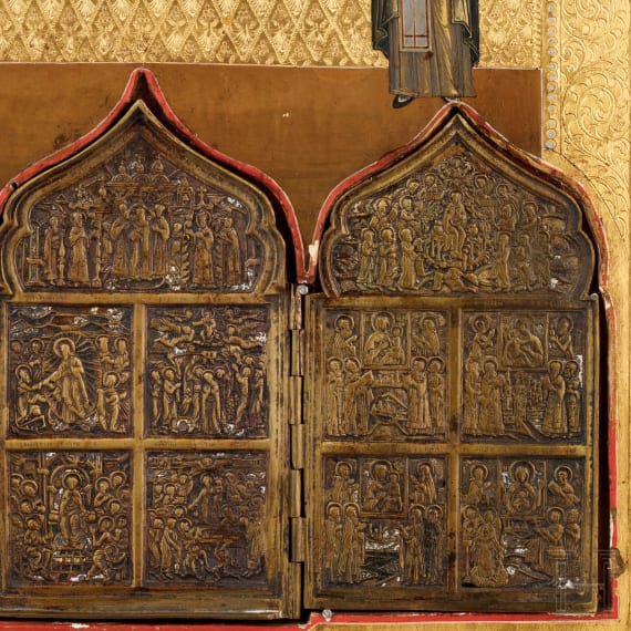 Gro&szlig;formatige Ikone mit den Heiligen Feodosij von Uglitsch und Seraphim von Sarow, Russland, nach 1903
