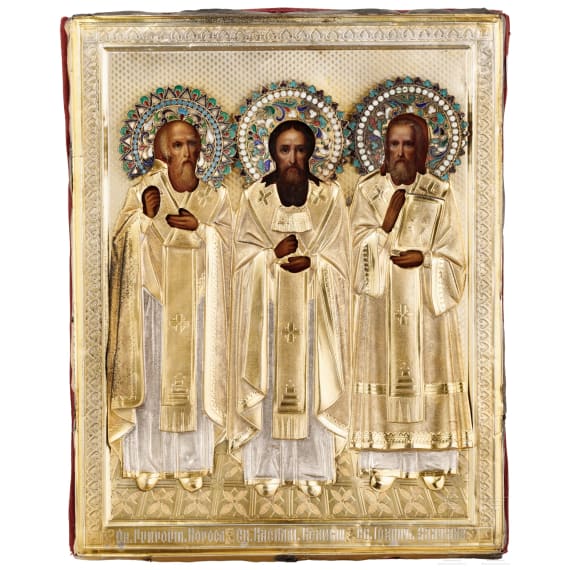 Ikone mit den drei heiligen Hierarchen mit Vermeil-Oklad und Cloisonn&eacute;-Email-Nimben, Russland, Ende 19. Jhdt. (Ikone), 1896 - 1908 (Oklad)