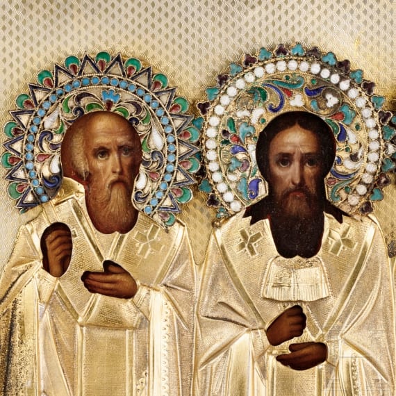 Ikone mit den drei heiligen Hierarchen mit Vermeil-Oklad und Cloisonn&eacute;-Email-Nimben, Russland, Ende 19. Jhdt. (Ikone), 1896 - 1908 (Oklad)