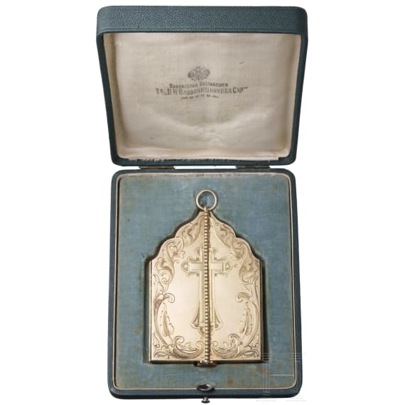 Ikonen-Triptychon mit dem Heiligen Wladimir, Russland, Moskau, Iwan S. Gubkin, um 1890, mit Etui der Firma Olowjanischnikow
