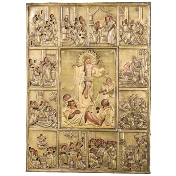 Gro&szlig;e Ikone mit der Auferstehung Christi und Festtagen, Russland, Ende 19. Jhdt.
