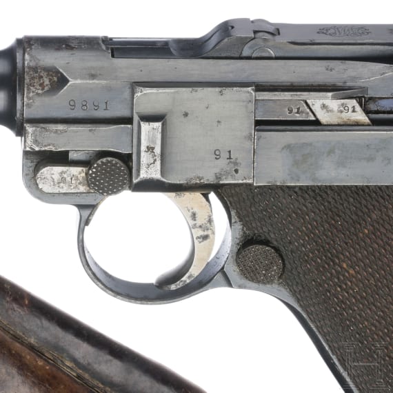 Pistole 08, DWM, 1915, mit Durchschuss, dazu Koffertasche