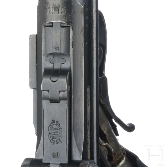 Pistole 08, DWM, 1915, mit Durchschuss, dazu Koffertasche