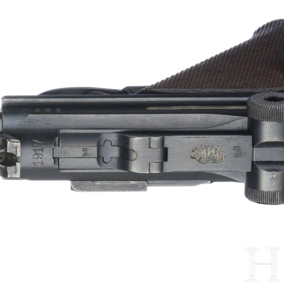 Lange Pistole 08, DWM 1917, mit Anschlagbrett