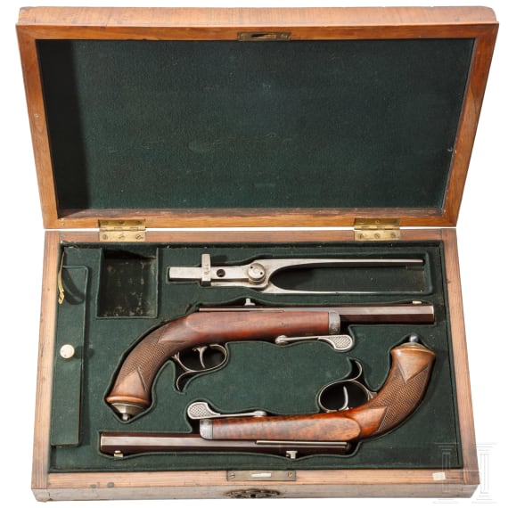 Ein Paar Z&uuml;ndnadelpistolen im Kasten, Franz von Dreyse in S&ouml;mmerda, um 1865