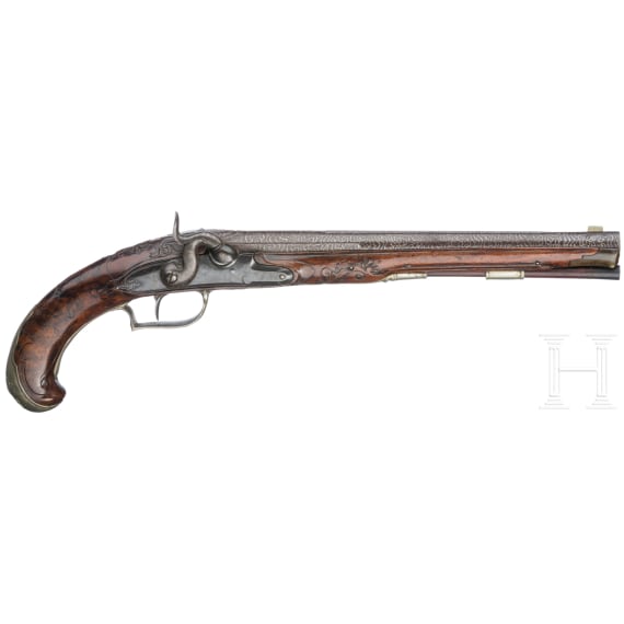 Silbermontierte Perkussionspistole, deutsch, um 1760