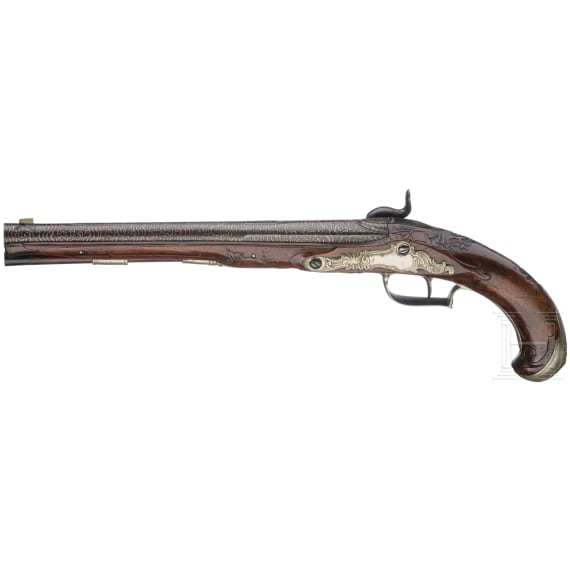 Silbermontierte Perkussionspistole, deutsch, um 1760