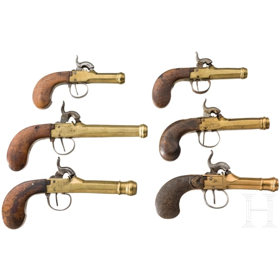 Six Belgian percussion boxlock pistols, Li&egrave;ge, ca 1840