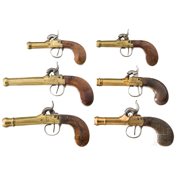 Six Belgian percussion boxlock pistols, Li&egrave;ge, ca 1840
