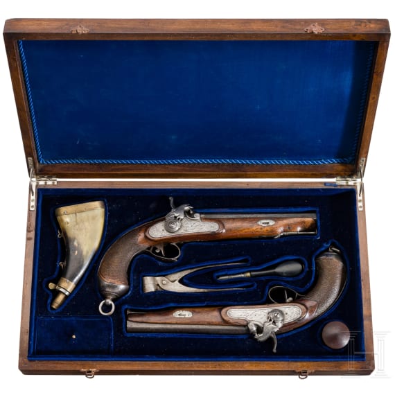 Ein Paar Perkussionspistolen im Kasten, Andres Acha in Eibar (ES), 1842