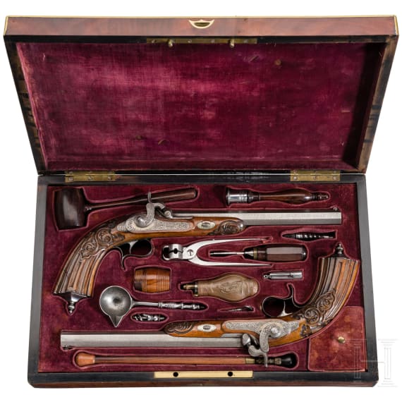 Ein Paar Perkussionspistolen im Kasten, Jean-Baptiste Rong&eacute; Fils in L&uuml;ttich, um 1850
