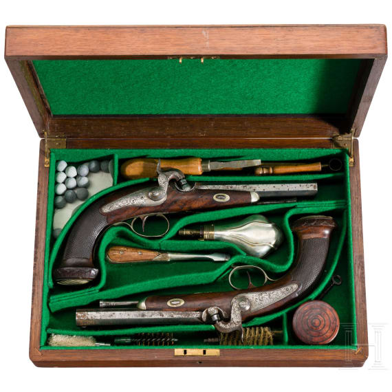 Ein Paar Perkussionspistolen im Kasten, L&uuml;ttich, um 1850
