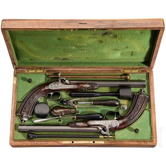 Ein Paar Perkussionspistolen im Kasten, J. M. Brier in Paris, um 1850