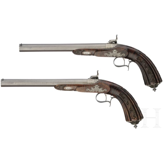 Ein Paar Perkussionspistolen im Kasten, J. M. Brier in Paris, um 1850