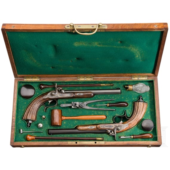 Ein Paar Perkussionspistolen im Kasten, Frankreich, um 1850