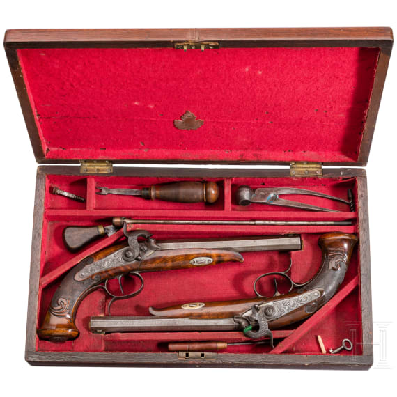 Ein Paar Perkussionspistolen im Kasten, Andreas Schilling in Suhl, um 1850