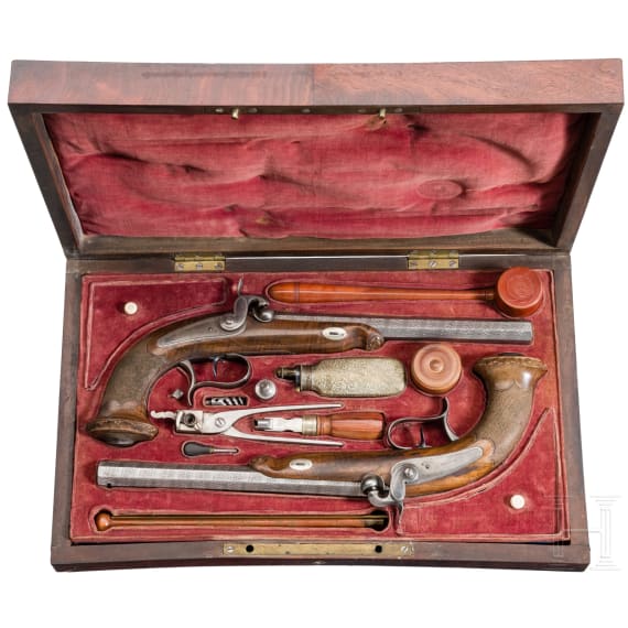 Ein Paar Perkussionspistolen im Kasten, Italien oder Schweiz, um 1850