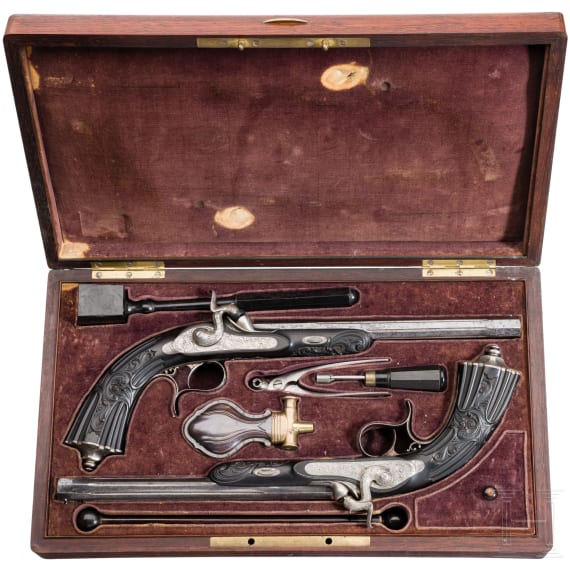 Ein prunkvolles Paar ebenholzgesch&auml;fteter Perkussionspistolen im Kasten, Le Page Moutier &agrave; Paris, 1848 - 1868