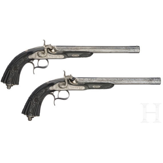 Ein prunkvolles Paar ebenholzgesch&auml;fteter Perkussionspistolen im Kasten, Le Page Moutier &agrave; Paris, 1848 - 1868
