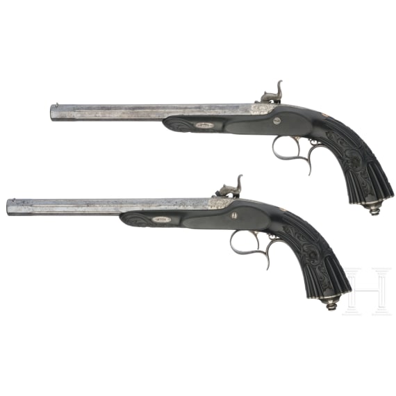 Ein prunkvolles Paar ebenholzgesch&auml;fteter Perkussionspistolen im Kasten, Le Page Moutier &agrave; Paris, 1848 - 1868