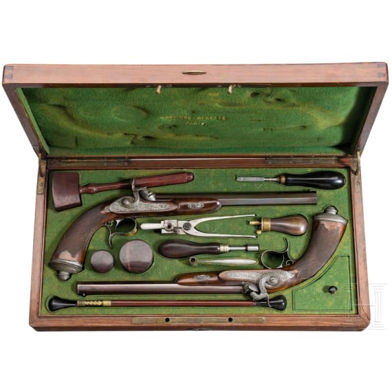 Ein Paar Perkussionspistolen im Kasten, Gastinne Renette in Paris, datiert 1873