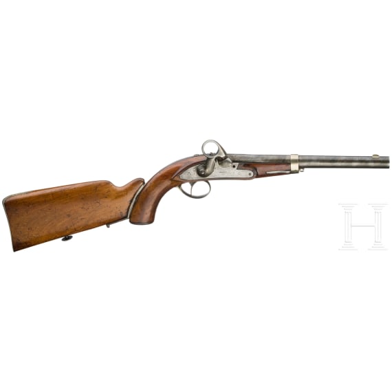 Schleswigische Perkussionspistole M 1851 der Gendarmerie, mit Anschlagkolben, A. Francotte in L&uuml;ttich