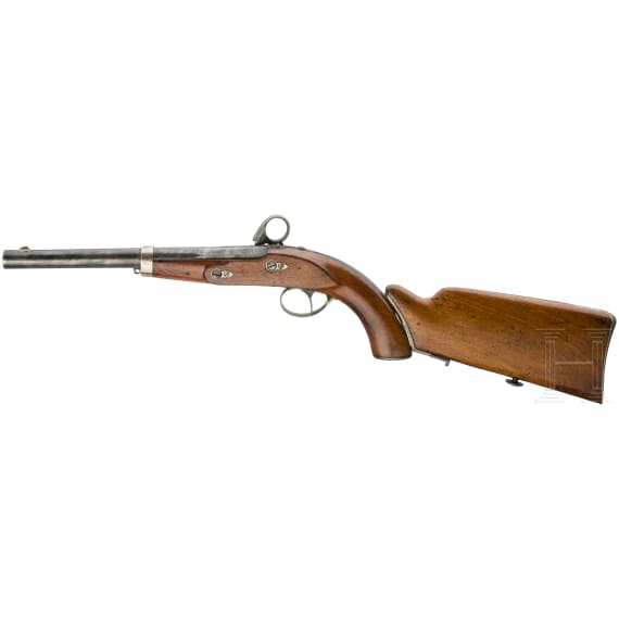 Schleswigische Perkussionspistole M 1851 der Gendarmerie, mit Anschlagkolben, A. Francotte in L&uuml;ttich