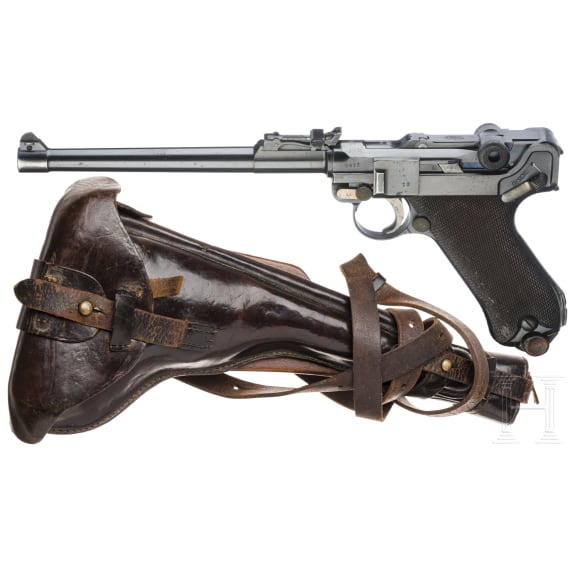 Lange Pistole 08, DWM, 1915, mit Brett und Tasche