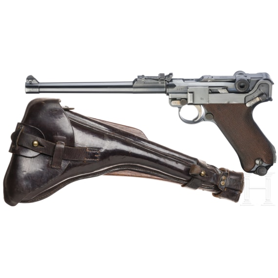 Lange Pistole 08, DWM, 1917, mit nrgl. Brett und Tasche