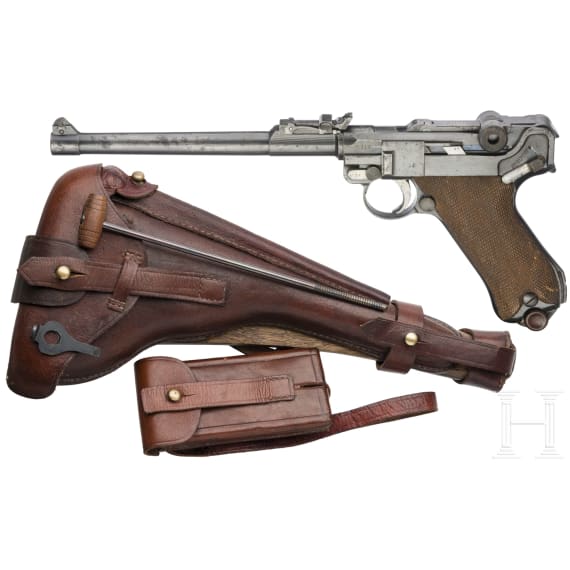 Lange Pistole 08, DWM, 1917, mit Brett und Tasche