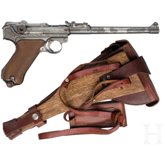 Lange Pistole 08, DWM, 1917, mit Brett und Tasche