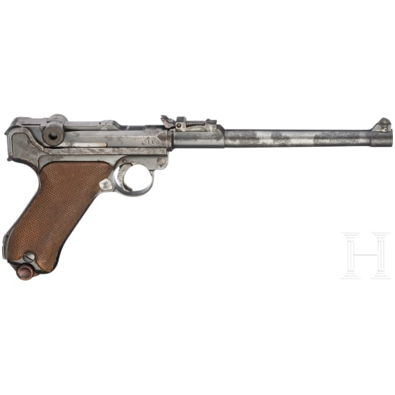 Lange Pistole 08, DWM, 1917, mit Brett und Tasche
