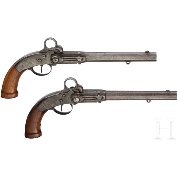 Gendarmerie breechloader percussion pistol pair, Holstein model 1852 with saddle holsters, Ludwig Sauerbrey of Zella (D)