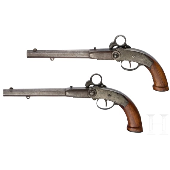 Gendarmerie breechloader percussion pistol pair, Holstein model 1852 with saddle holsters, Ludwig Sauerbrey of Zella (D)