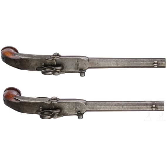 Gendarmerie breechloader percussion pistol pair, Holstein model 1852 with saddle holsters, Ludwig Sauerbrey of Zella (D)