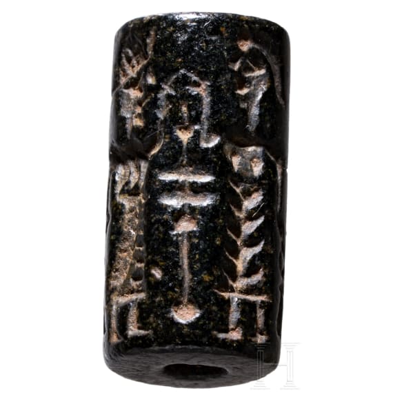 Ancient Babylonian cylinder seal made of brown jasper depicting a cult scene, approx. 1900&ndash;1700 B.C.