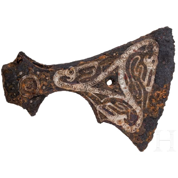 Iron Viking axe with silver inlay in the Jelling style, early to mid-third of the 10th century