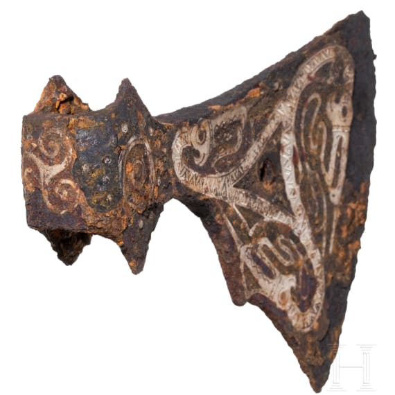 Iron Viking axe with silver inlay in the Jelling style, early to mid-third of the 10th century