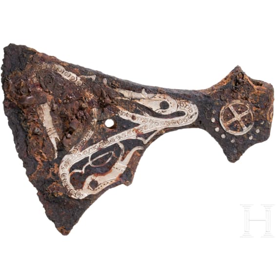 Iron Viking axe with silver inlay in the Jelling style, early to mid-third of the 10th century