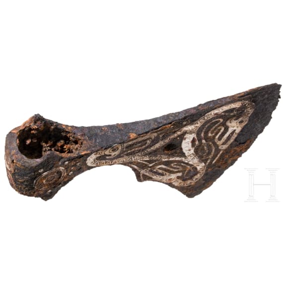 Iron Viking axe with silver inlay in the Jelling style, early to mid-third of the 10th century