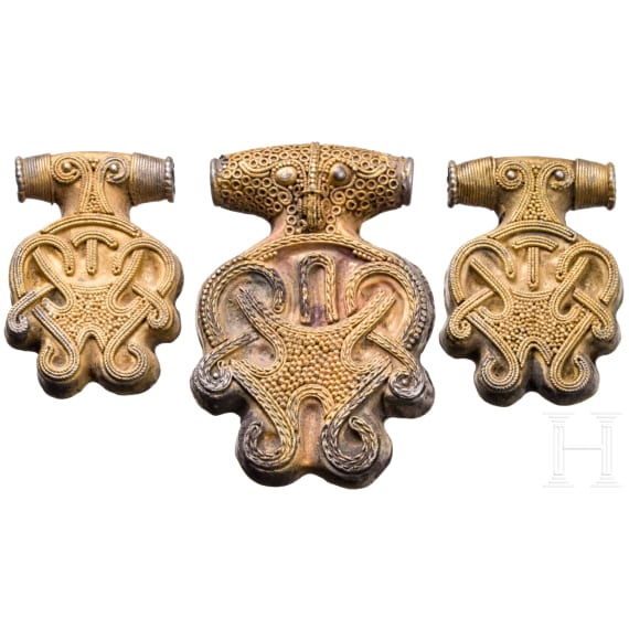 Three gold-plated silver pendants in the shape of a cross, Viking, Hiddensee type, second half of the 10th century